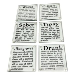 Glass Coasters X6 Drinking Definitions Humorous Barware Typography Partyware Fun